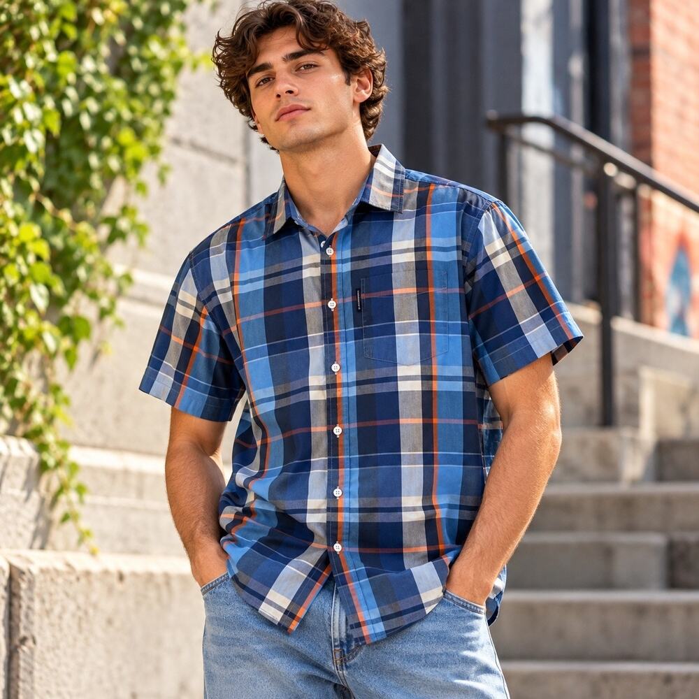 ECKO UNLTD. MEN’S BLUE ORANGE PLAID SHORT SLEEVE BUTTON DOWN SHIRT XL Y2K